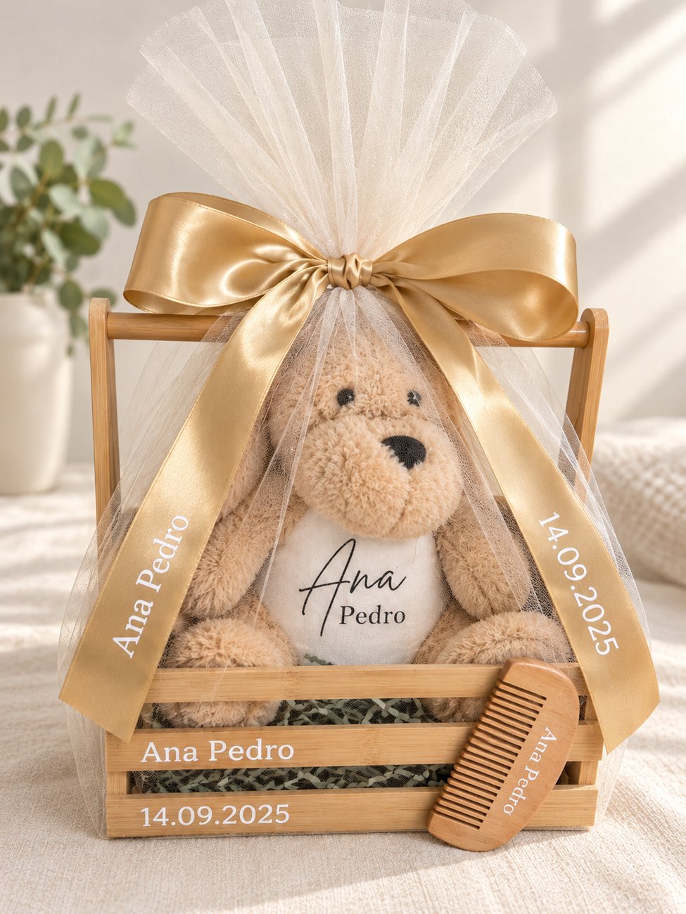 Personalised plush toy in wooden gift basket